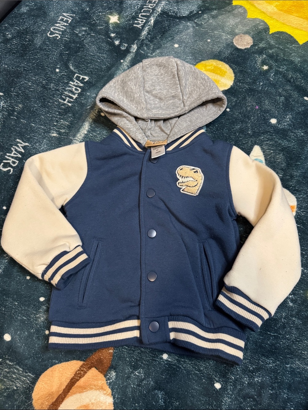 Kids Navy and Cream Hooded Varsity Jacket with Dino Patch